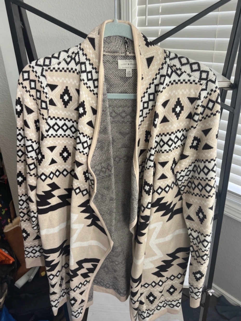 Lucky Brand Beige & Black Aztec Open Cardigan